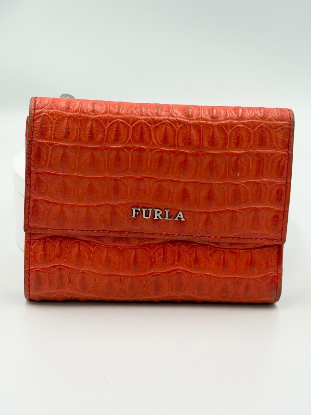 Furla Orange Croc-Embossed Leather Compact Wallet